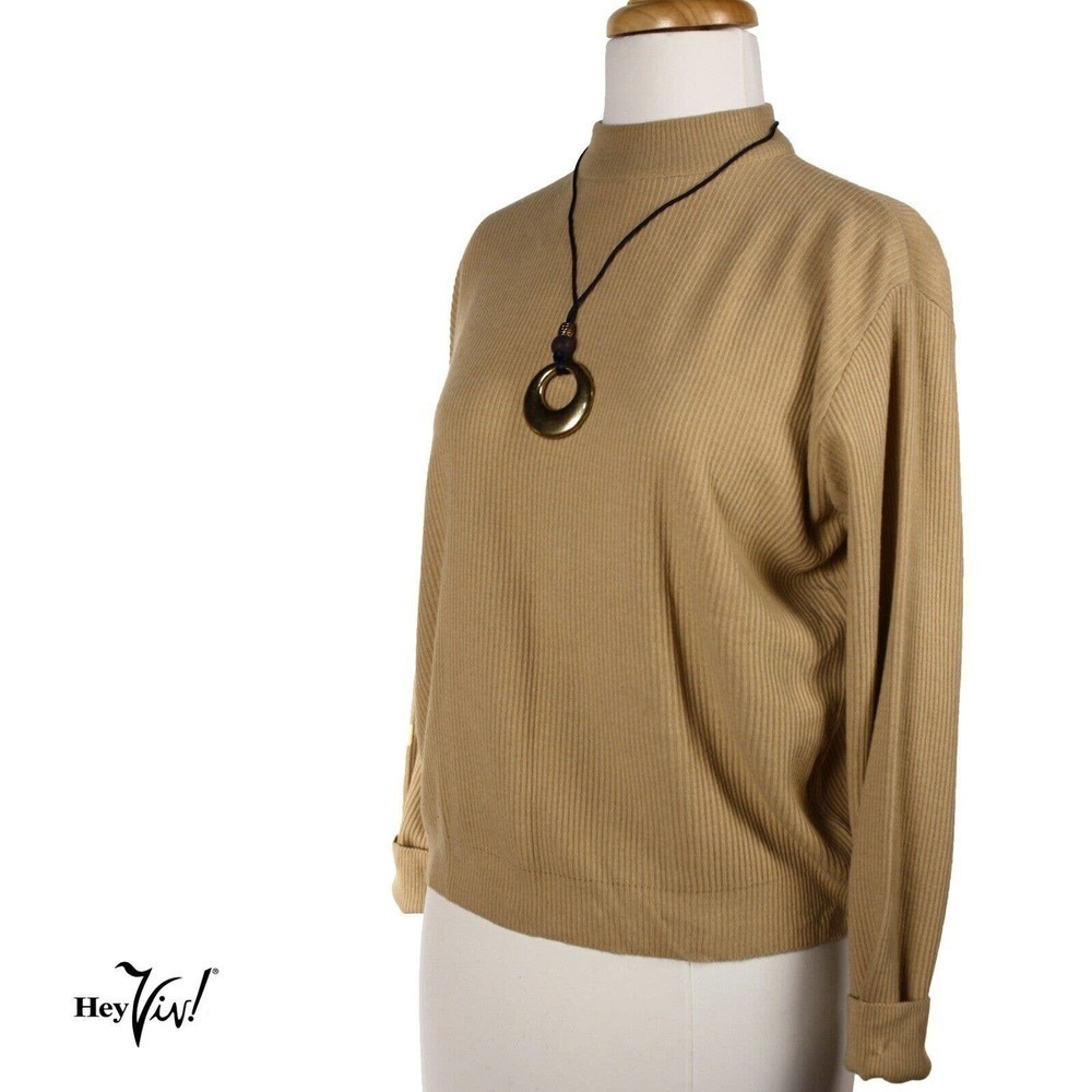 Vintage Tan Mock Turtle Neck Ribbed Sweater Top Deadstock 1970s Size L - Hey Viv